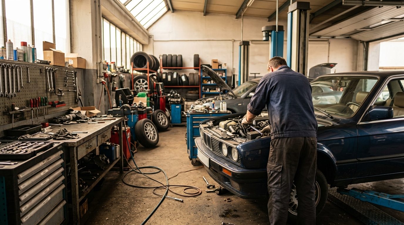 Mechanik pochylony nad silnikiem auta w warsztacie