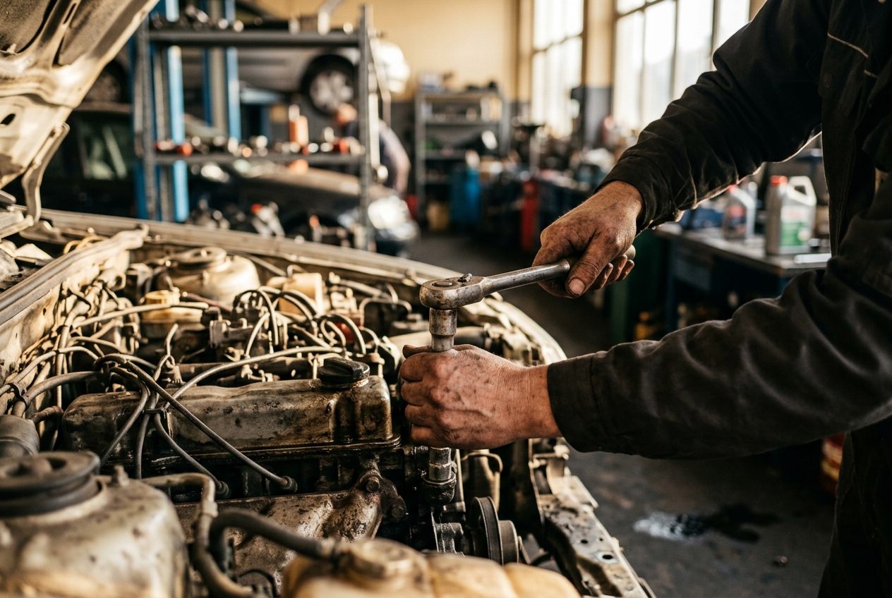 Mechanik dokręca śrubę grzechotką przy silniku